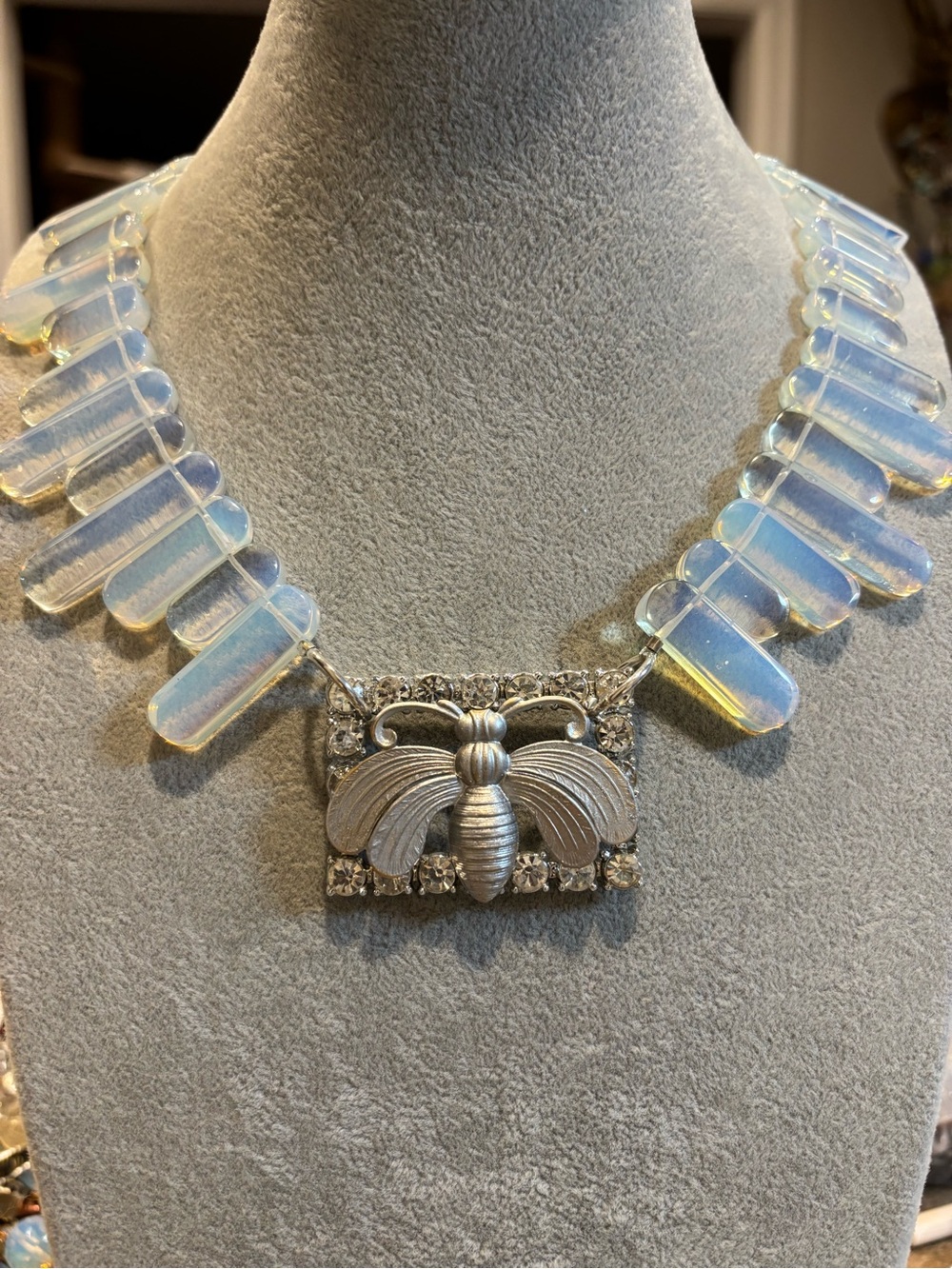 Opalite Bar Necklace with Silver Bee Pendant